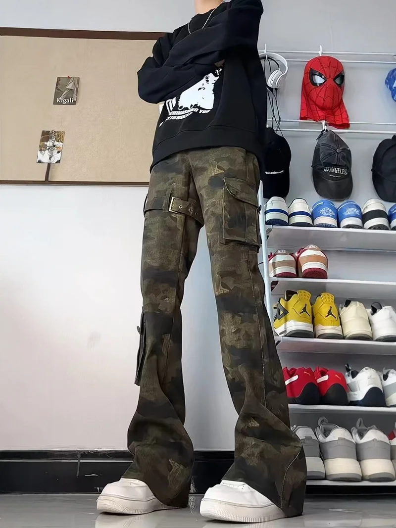 

Мужская камуфляжная рабочая одежда, джинсы с высокой талией, прямые брюки, микрорасклешенные ножи, конические длинные брюки, структура с поясом