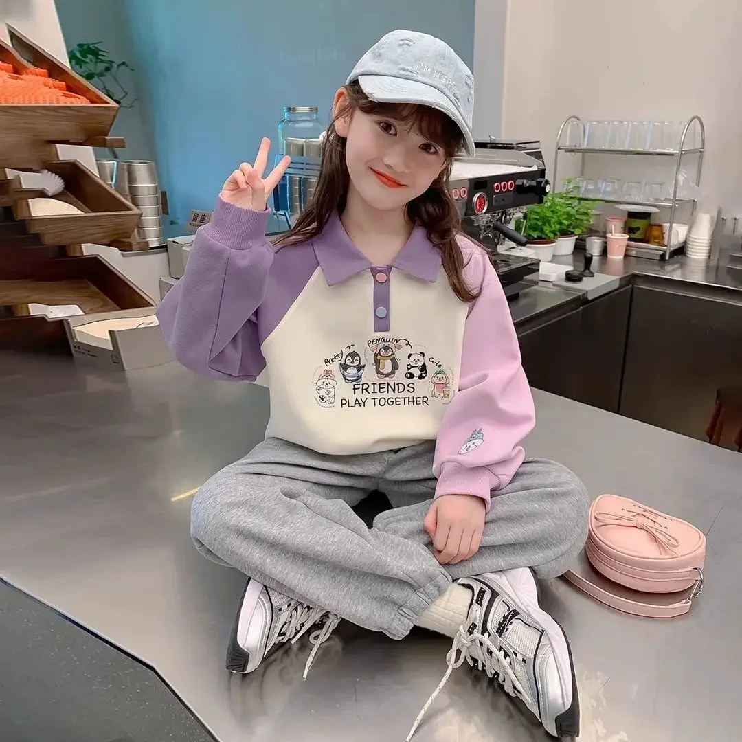 Girls' 2025 Spring/Autumn New Stylish Casual Color-Blocked Fleece-Lined Polo Collar Sweatshirt