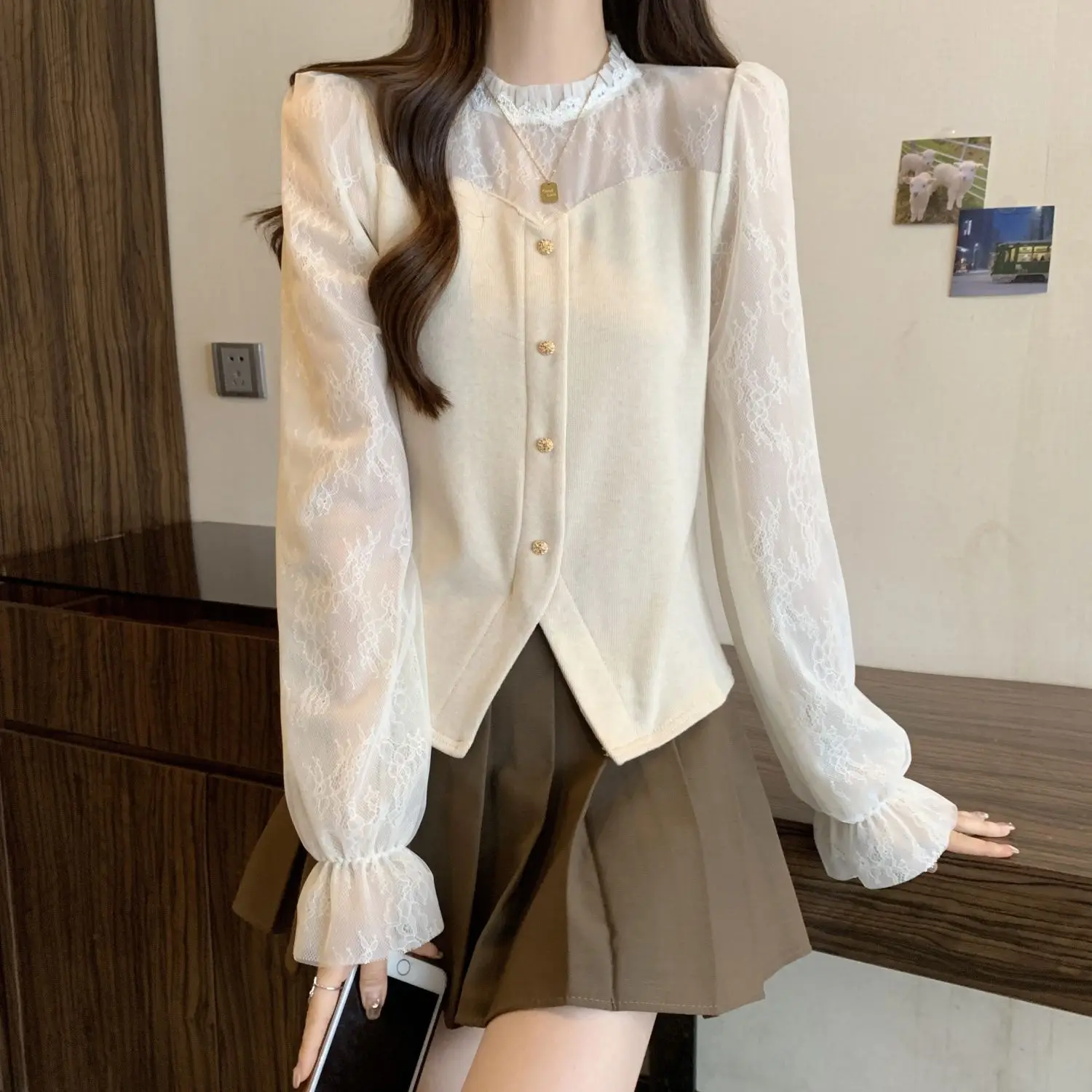 Fat Mm Korean Style Lace Flared Sleeve Top Women's New Style Flesh Blocking and Slimming Long Sleeved Versatile T-shirt