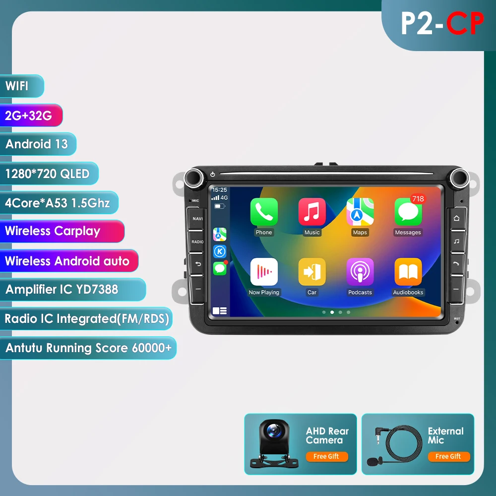 2DIN Carplay Android Autoradio GPS voor VW Caddy Polo Golf 5 6 Plus Passat B6 Jetta Tiguan Touran Sharan Scirocco Eos Seat Stereo