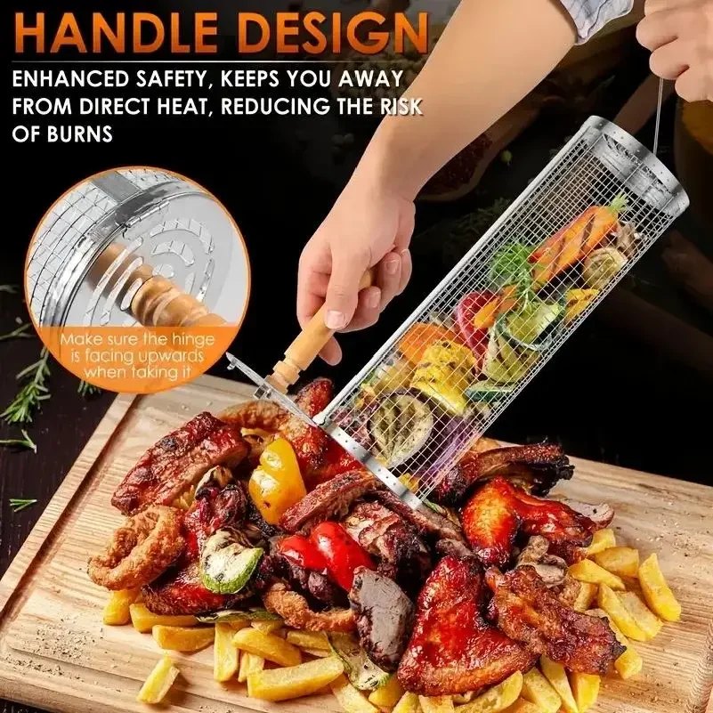 Round Barbecue Grill Basket Set, Stainless Steel Rolling BBQ Cage, Wire Mesh Cylinder Grilling Rack, Outdoor Camping Essential - view 5