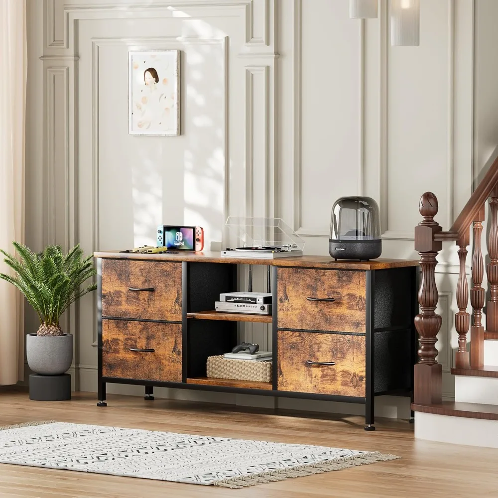 

TV Stand Dresser for Bedroom, Entertainment Center with Power Outlet for 50" TV, Dressers with 4 Fabric Drawers & Open Shelves