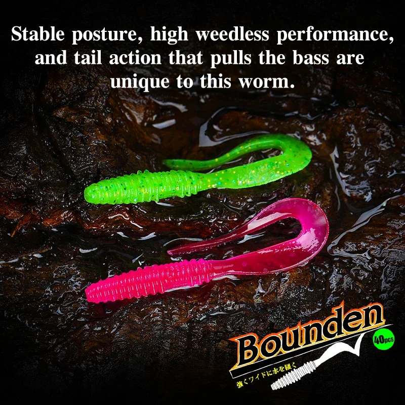 TSURINOYA Mad Wag Weicher Angelköder mit gekräuseltem Schwanz, 63 mm, 0,7 g, 40 Stück, schmaler Wurm, Duft hinzufügen, Salz, weiche Köder, Flusssee-Angel-Barschköder