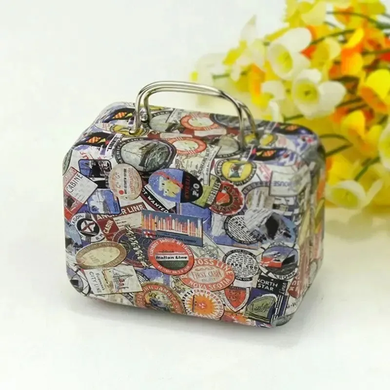 1PC Mini Suitcase Candy Boxes Small Tin Plate Gift Box Rectangular Coin Storage Container with Hinged Lids