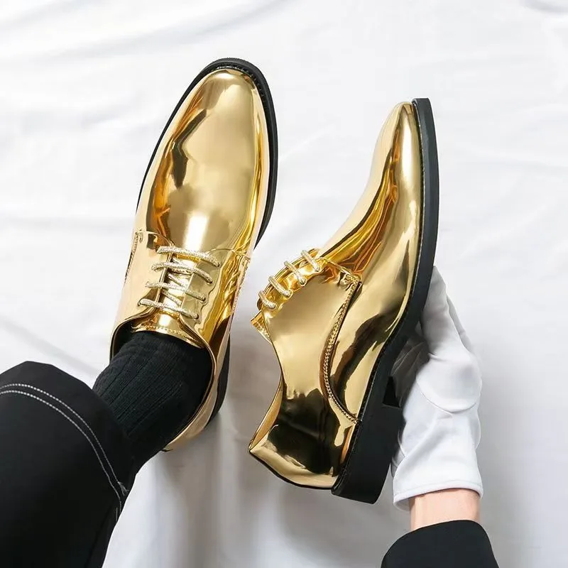 Daily Pointed Leather Shoes for Men, Business Performances, Parties, Formal Wear, Luxurious Gold and Silver Shiny Leather Shoes
