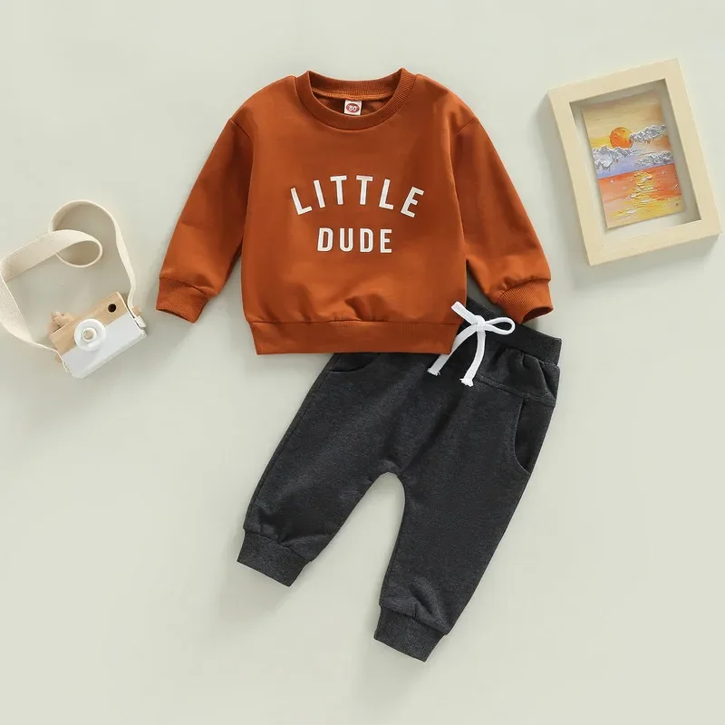 Newborn Kid Baby Boy Pant Sets Autumn Clothes Long Sleeve Letters Shirt and Long Drawstring Pants Baby Items Clothing Infant