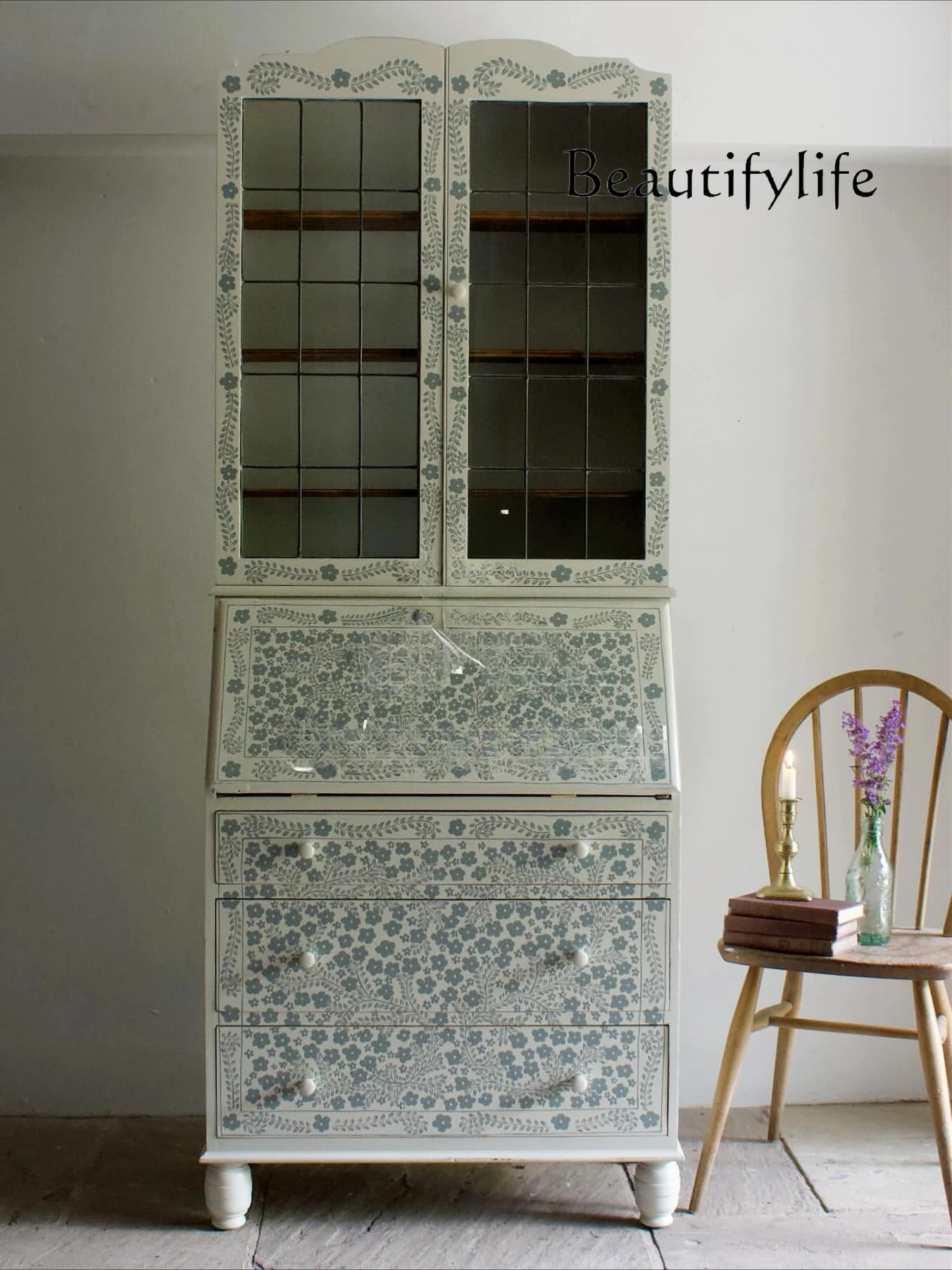 

French retro painted solid wood bookcase American hand-painted bedroom storage cabinet solid wood