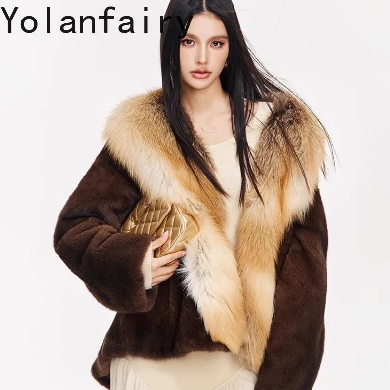YOLANFAIRY 秋冬 輸入 フォックスファー襟 ミンクファーコート Vネック 長袖 通勤スタイル ファーオーバーコート 2025