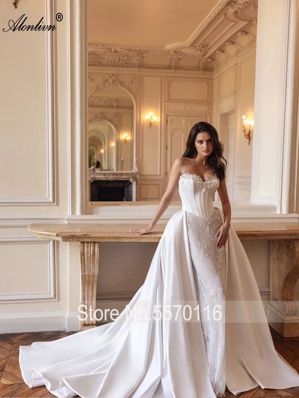 Alonlivn مخصص خمر 2 في 1 حورية البحر فساتين الزفاف الجمال مطرز اللؤلؤ يزين الدانتيل الحبيب البوق فساتين الزفاف