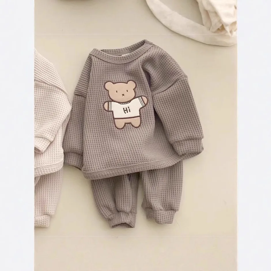 Korean Baby Clothing Sets Waffle Cotton Kids Boys Girls Clothes Spring Autumn Loose Tracksuit Pullovers Tops+Pants 2PCS Sets