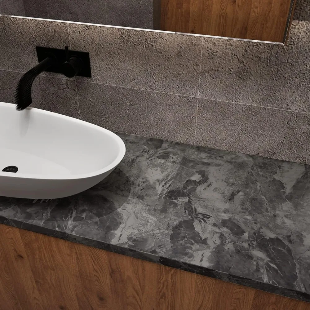 Extra Wide Marble Look Peel and Stick Countertop Contact Paper, Grey Matte Finish, 48x197 Inches, Kitchen Remodeling Wallpaper