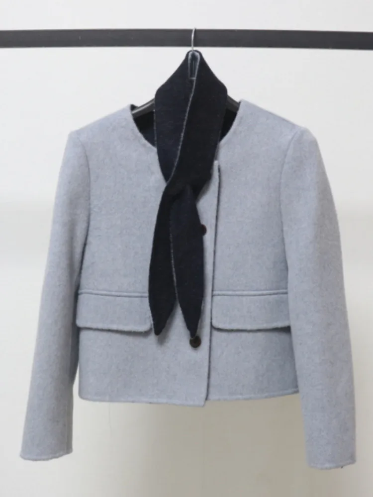 ZMEENNA 여성용 우아한 짧은 울 혼합 코트 재킷 칼라리스 디자인, 대비 색상 스카프 미니멀리스트 캐주얼 ZM4547