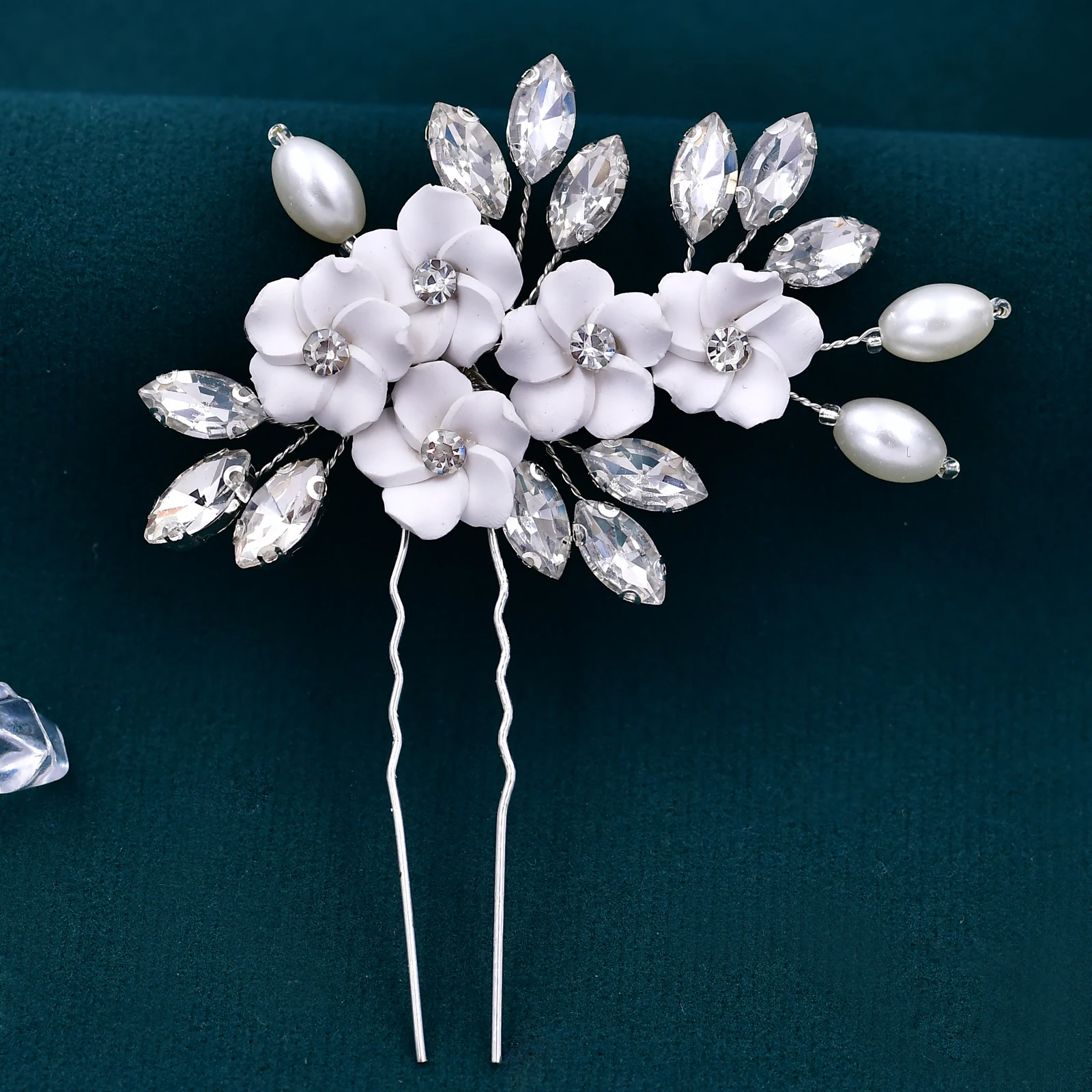 

HP345 Women Headdress Soft Clay Flower and Rhinestone Pearl Bride Hair Fork Wedding Bachelorette Party Girl Hair Accessories