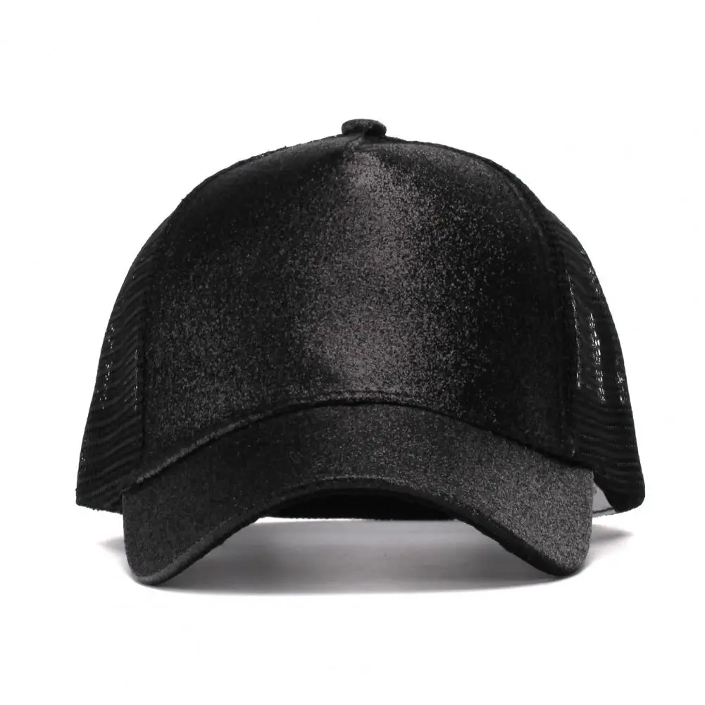 Solid Color Women Hat Women's Shiny Powder Hollow Mesh Baseball Hat with Long Brim Ponytail Hole Adjustable Sunscreen for Club