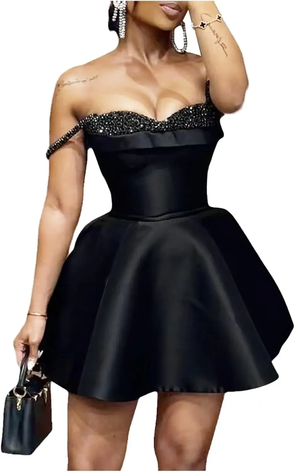 Vestido de fiesta corto de satén para mujer, vestido de cóctel con cuentas y hombros descubiertos, minivestido de fiesta de moda para adolescentes, 2025