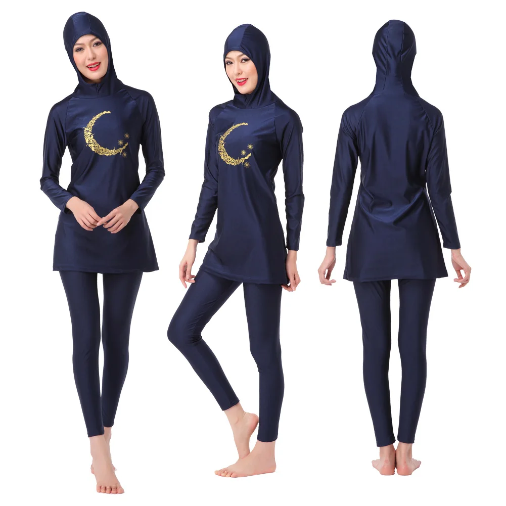 S-3XL Muslim Lady Printing Hooded Long Sleeves  Modest Swimming Clothing Arab Women 2 PCS Full Coverage Swimsuits