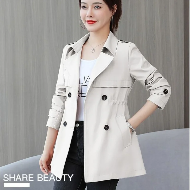 Womens Spring and Autumn New Suit Collar Trench Solid Color Cultivation Button Versatile Age Reduction Long Sleeves Coat