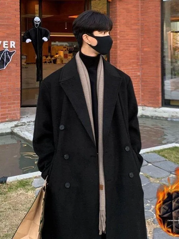 

Men's Mid-Length Thiened Woolen Coat Autumn Winter Busin Sle Over-Knee Windbreaker Jaet Korean Version Loose Fit