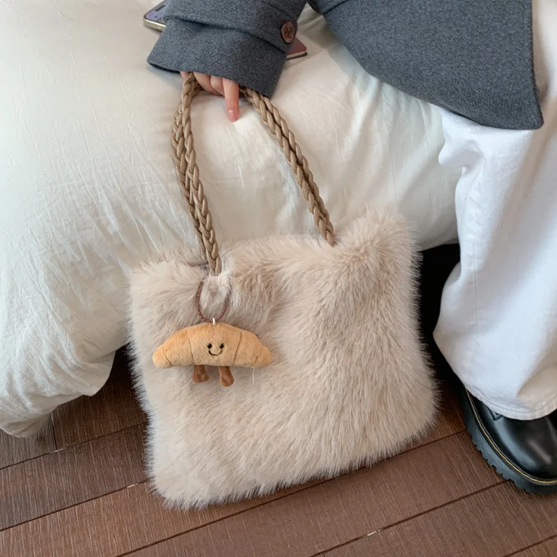 

New Winter Fluffy Shopping Tote Bag Large Capacity Commuter Versatile Shoulder Bag Cute Furry Texture and Simple Storage Bag