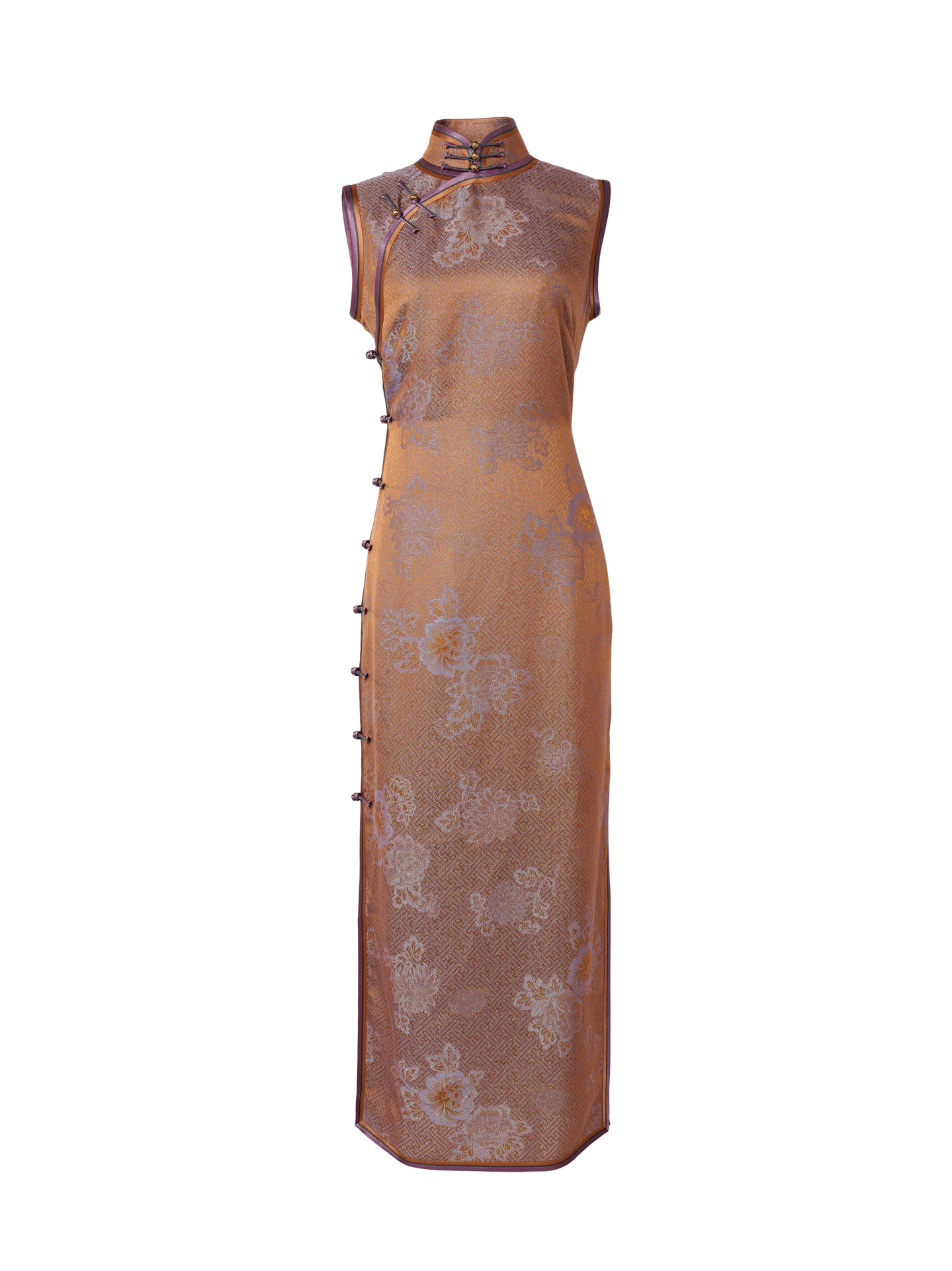 

Handmade Silk Brocade with Mother-of-Pearl Embellishments in Coffee Color with Thousand Character Peony Design