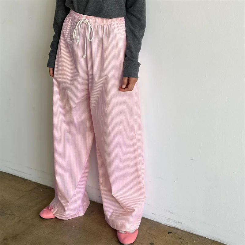 Women Y2K Vintage Striped Lounge Pants Pinstriped Wide Leg Pajama Pants Drawstring High Waist Loose Casual Trousers Streetwear