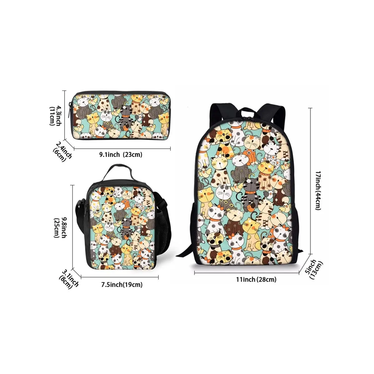 Cute Dachshund Print Cat Three Piece Backpacks Set for Boy and Girls Best Gifts 2D Flat Cartoon School Bag for Children