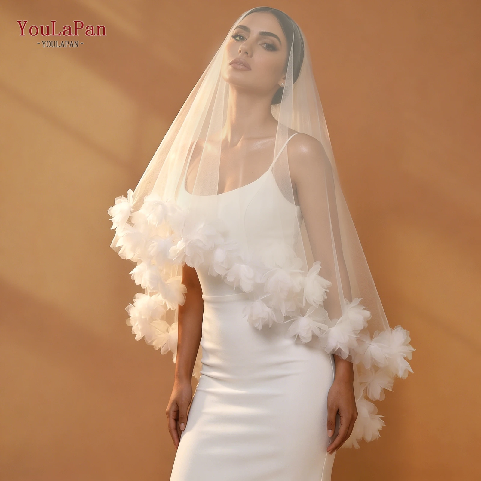 TOPQUEEN 3d Flower Velo De Novias Cover Front And Rear Powder Blusher Wedding Veil 2 Layers Bride Accessories Customizable V204