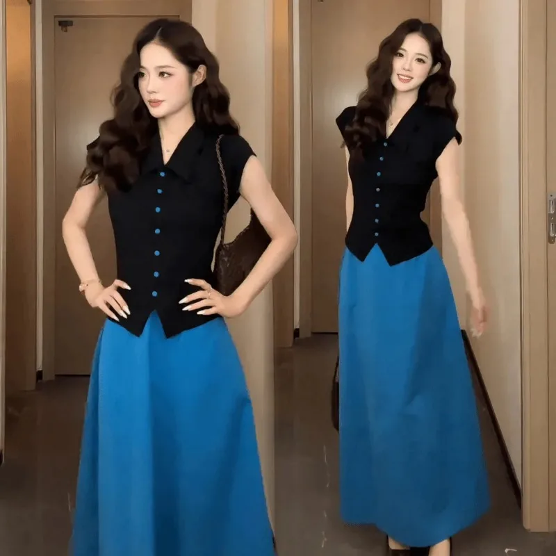 Women Summer Gentle Sweet Two Piece Set Lapel Cap Sleeve Slim Knit Top High Waist A Line Midi Skirt Elegant Dating Outfit