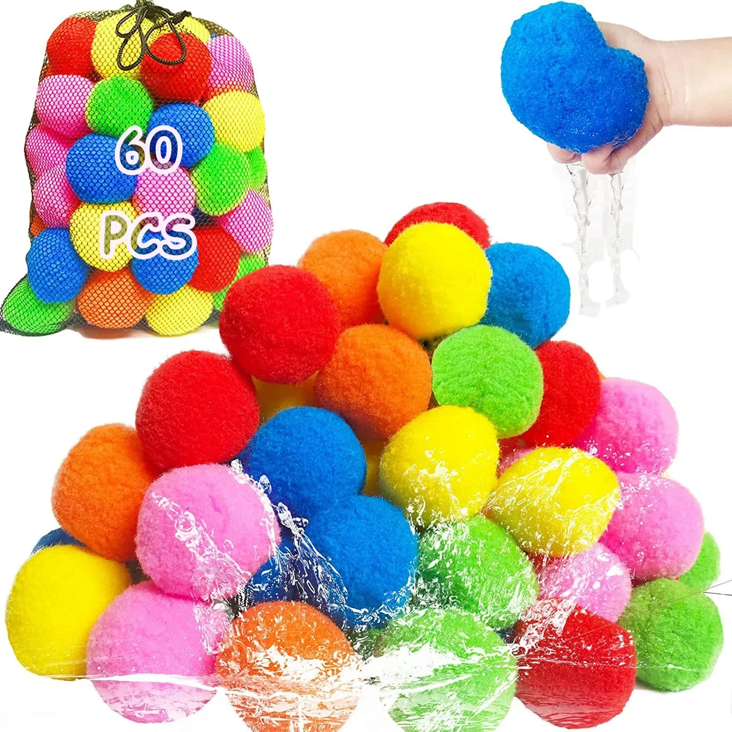 

12/30/60Pcs Water Soaker Balls Reusable Sponge Water Balloons Cotton Splash Toys for Pool Beach Summer Swimming Games Toy