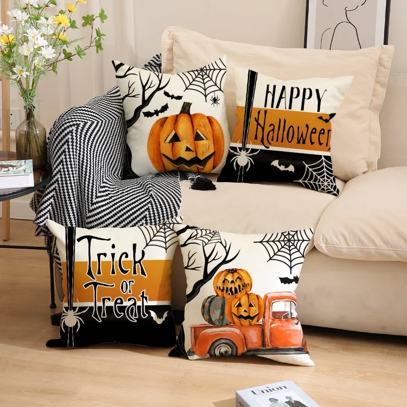 

Halloween Pumpkin Bat Throw Pillow Cover, 45x45cm Set of 4,Holiday Farmhouse Cushion Case Decoration for Sofa Couch
