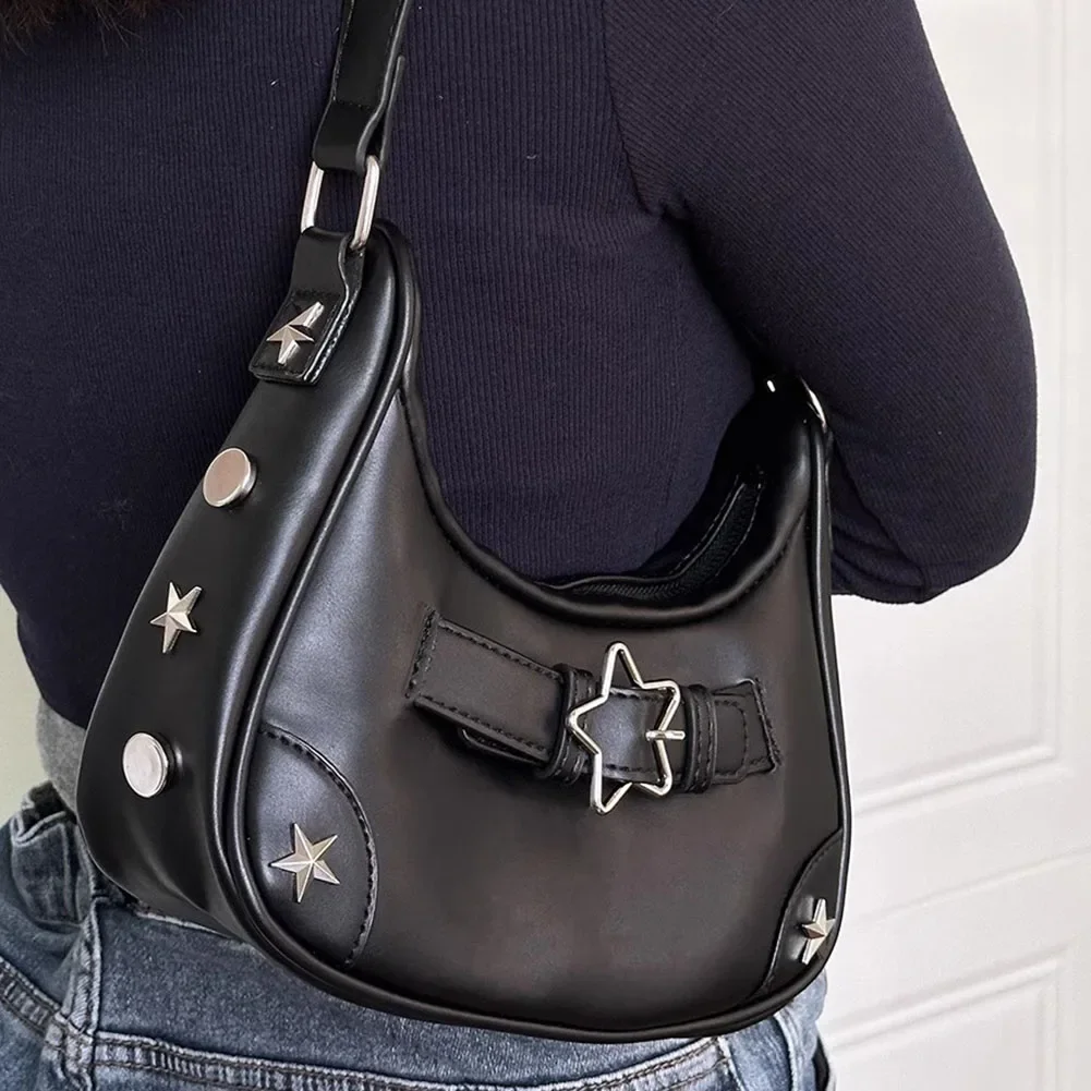 Women\'s Fashion PU Small Shoulder Bag Y2K Star Armpit Purse American Retro Black Chic Hobo Bag High Quality Designer New Handbag