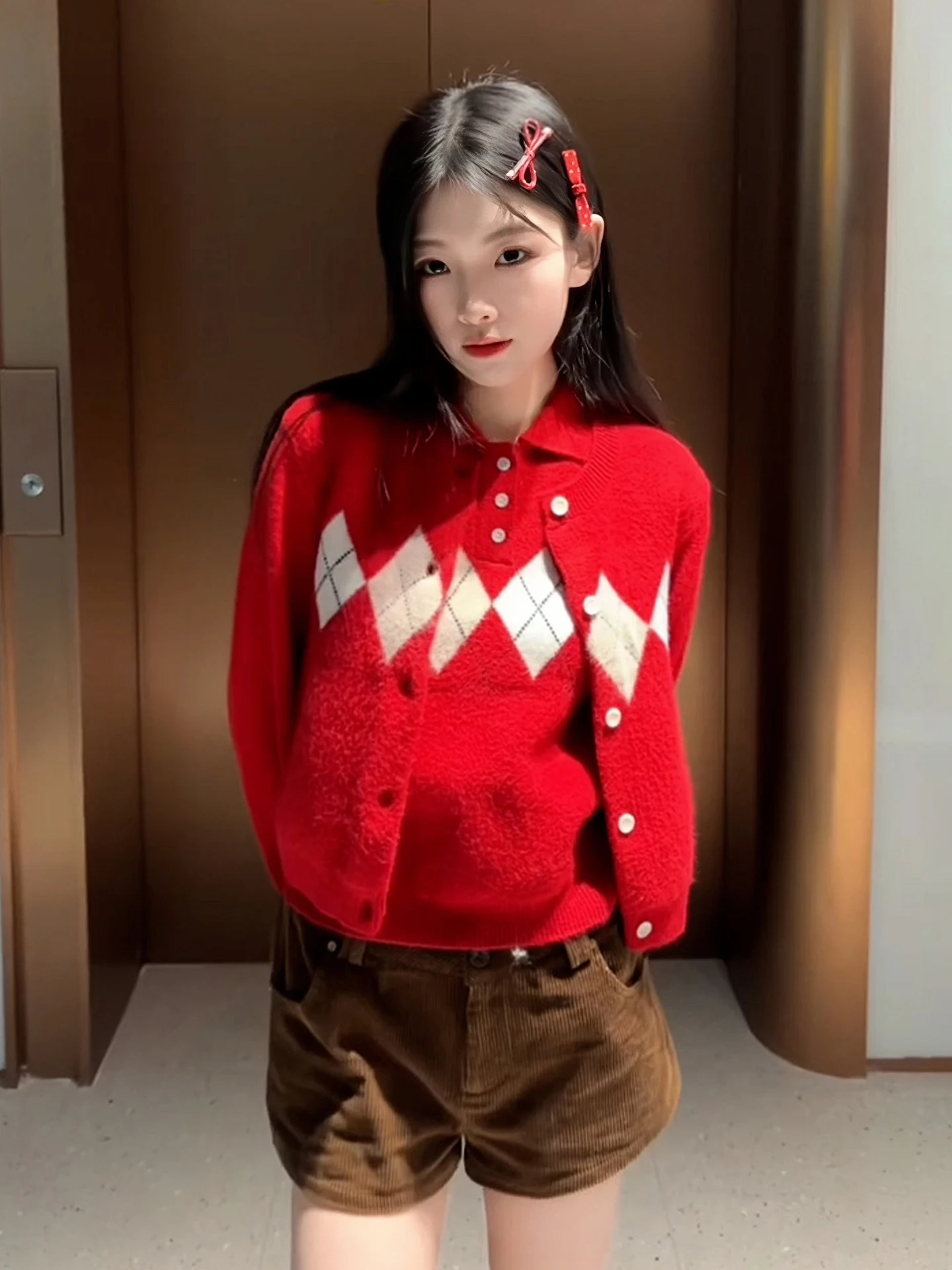 

Red Knitted Sweater Coat Women's Korean Sle Winter Faion Set Warm Breathable Long Sve Button up Collar Casual Wear