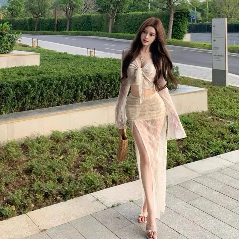Women's Two Piece Lace Outfit Sheer Long Sleeve Crop Top with Knot and High Slit Maxi Skirt Set Elegant Party Clubwear