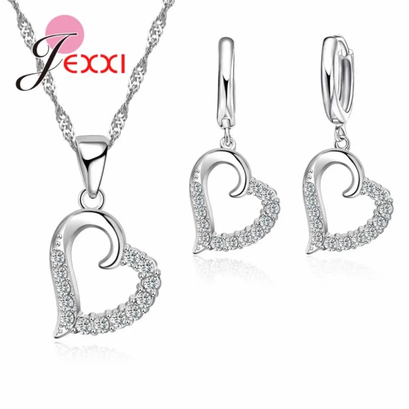 Wavy Modeling Love Shape Cute Sweet Style 925 Sterling Silver Suit Earring Necklace Set Surprise Birthday Gift Women