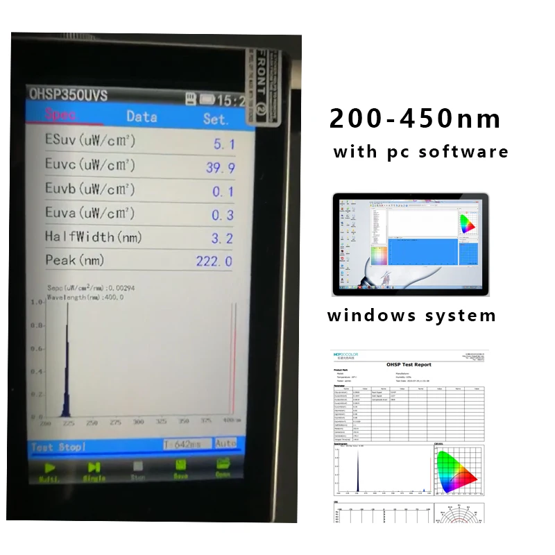 

200-450nm UVA UVB UVC Spectrometer Far uvc-222nm Tester Wavelength Accuracy 0.3nm