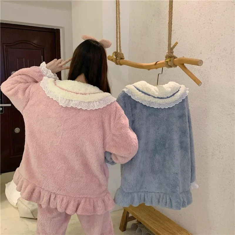 2024 New Coral Velvet Pajamas Women Autumn Winter Loungewear Plus Velvet Padded Sleepwear Cute Plush Doll Collar Homewear Suit