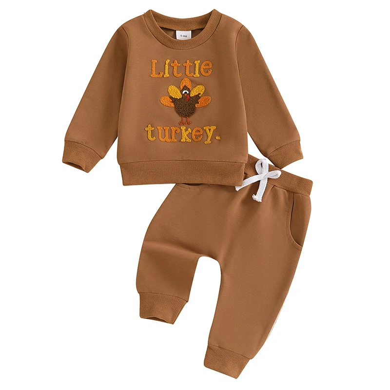 Pudcoco Toddler Baby Girl Boy Thanksgiving Pants Set Turkey Embroidered Long Sleeve Round Neck Sweatshirt Pants Outfits 0-3T