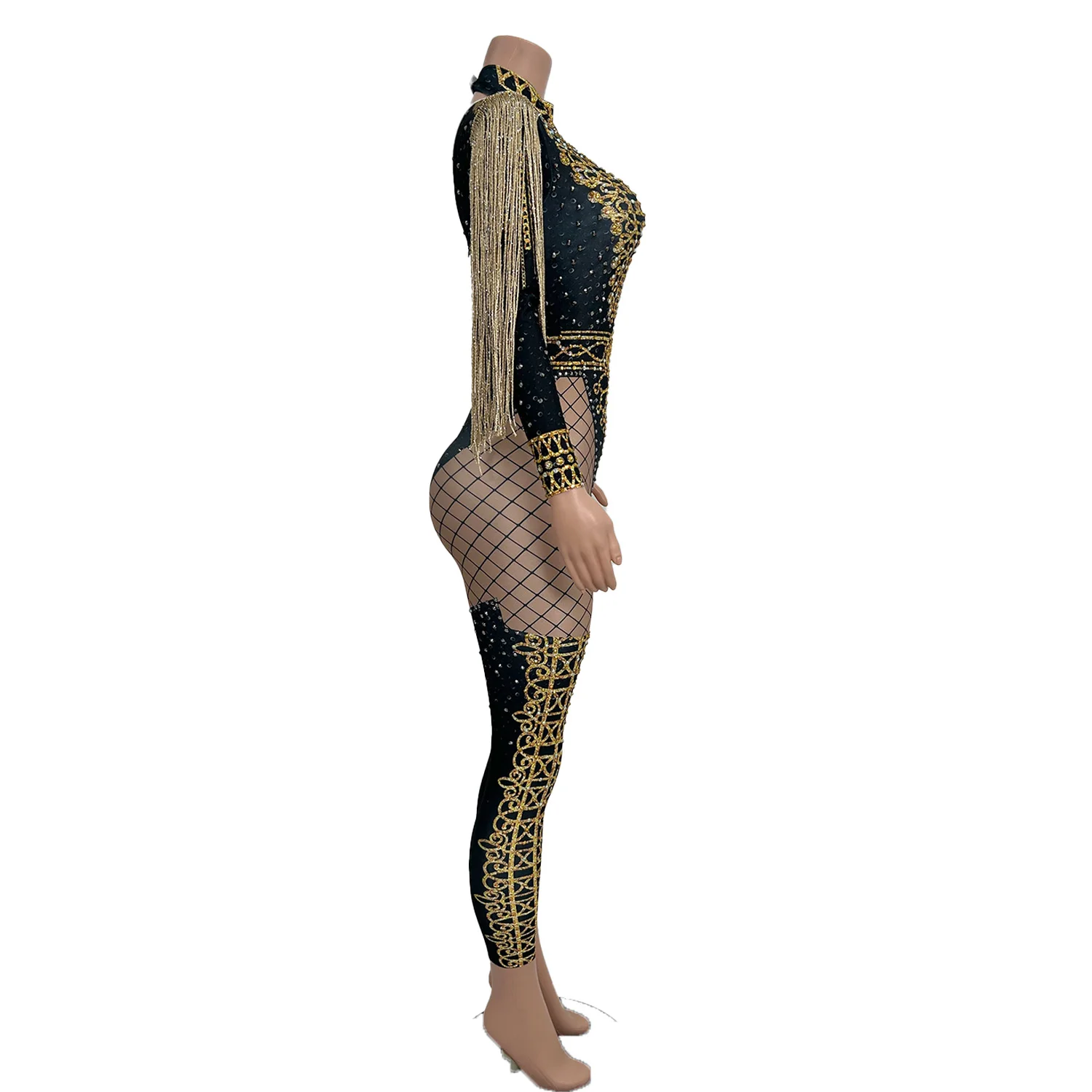 Sexy Gold Tassel Party Jumpsuit Women Skinny Rhinestone Bodysuit Nightclub Dancer Rompers Stage Performance Wear Napolun