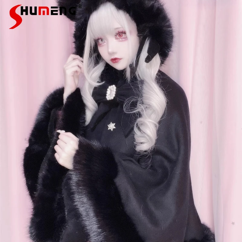 

Winter Autumn Japanese Lolita Cat Ear Rhinestone Buckle Wool Cape Long-sleeved Kawaii Clothes Warm Soft Comfortable Cloaks Women
