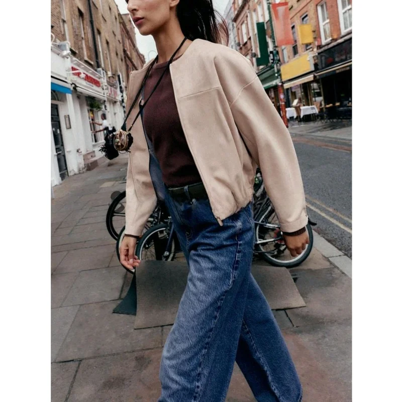 가을 신상 여성용 롱 슬리브 라운드 넥 지퍼 인조 스웨이드 효과 자켓 아우터웨어 통기성 루즈핏