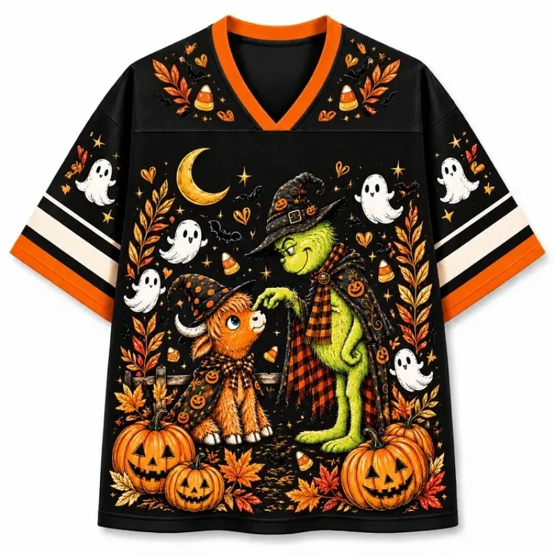 Halloween Greentown Heights Mavericks Ice Hockey Jacket Pumpkin Ghost Star Moon Maple Leaf V-neck Short Sleeved Shirt
