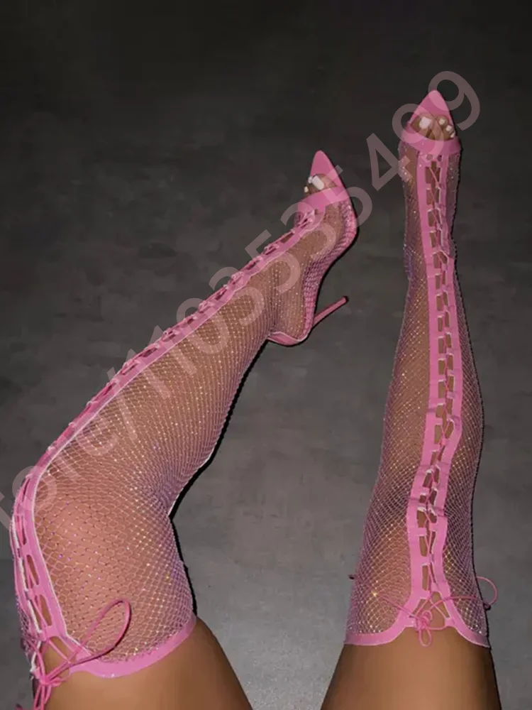 Sexy Mesh Hollow Over-The-Knee Women's Boots 2025 Summer New Open-Toe Stiletto Boots Street Fashion Party Casual Catwalk Boots