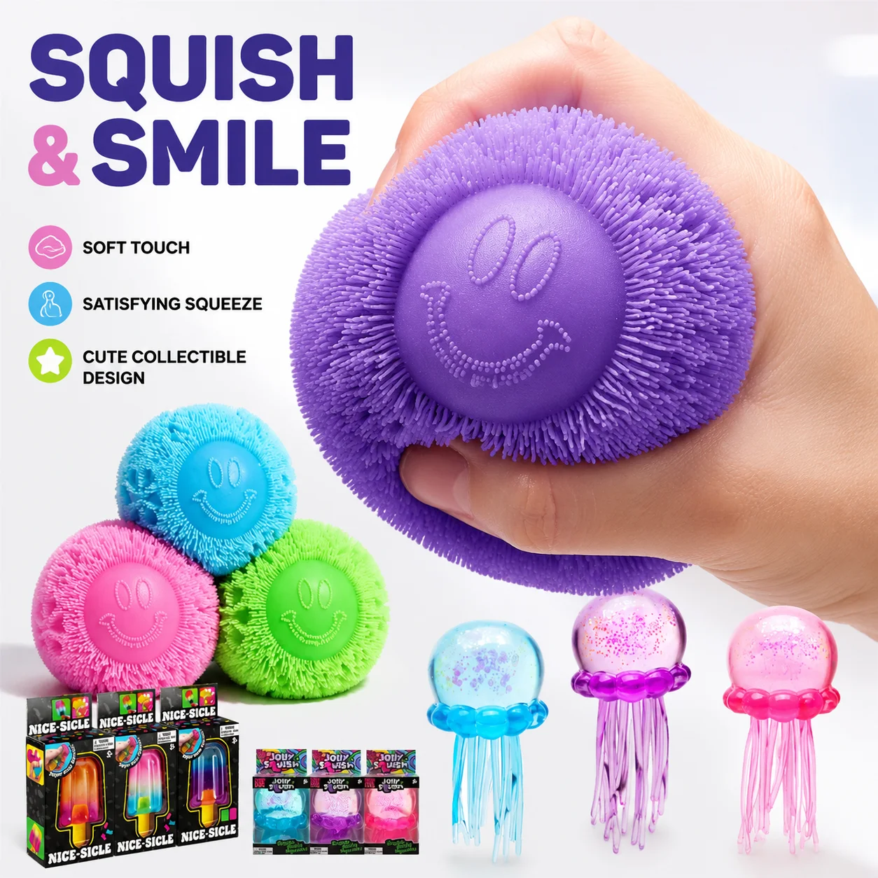 Needoh Fuzz Ball Smile Soft Jellyfish Squish Squeeze Toy Stress Anxiety Relief Sensory Waterproof Water Play Sensory Stress Toy