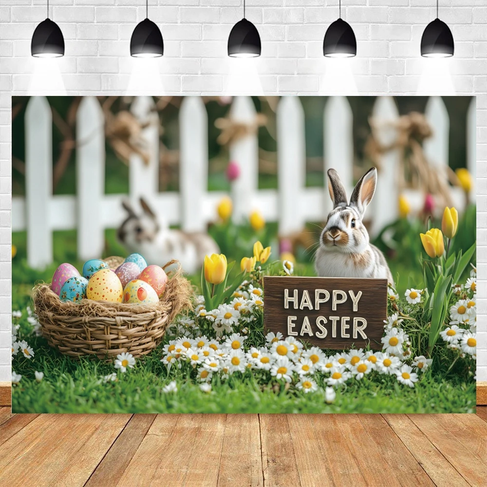 خلفية ديكور عيد الفصح السعيد للتصوير الفوتوغرافي لحديقة الربيع والأرانب والبيض والزهور والعشب للأطفال وصورة خلفية للصور