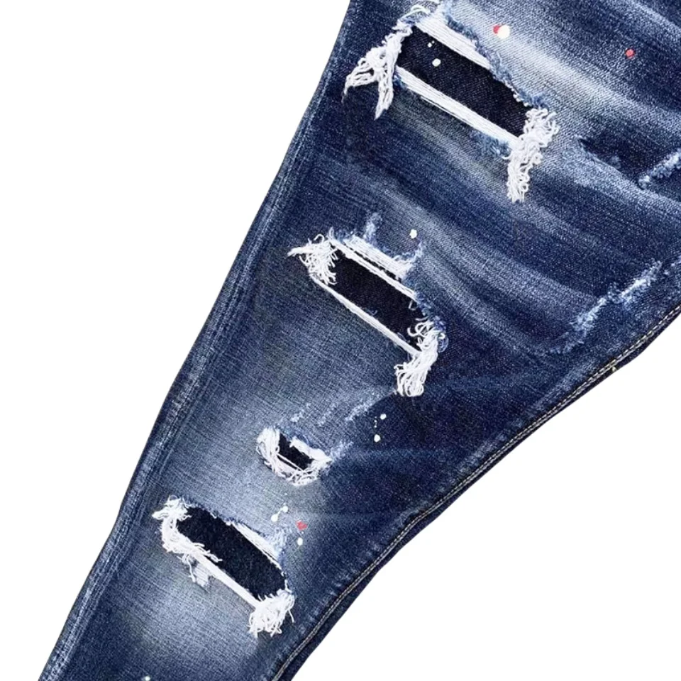 2024 Men's classic biker jeans featuring a washed, distressed, and painted finish.