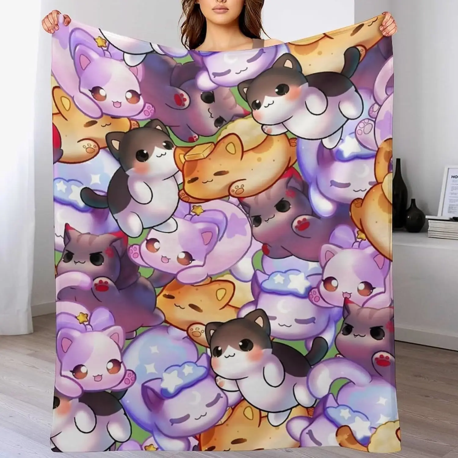 Anime purple cartoon cute cat sofa blanket, soft plush comfortable blanket Children's Day Christmas Halloween birthday gift