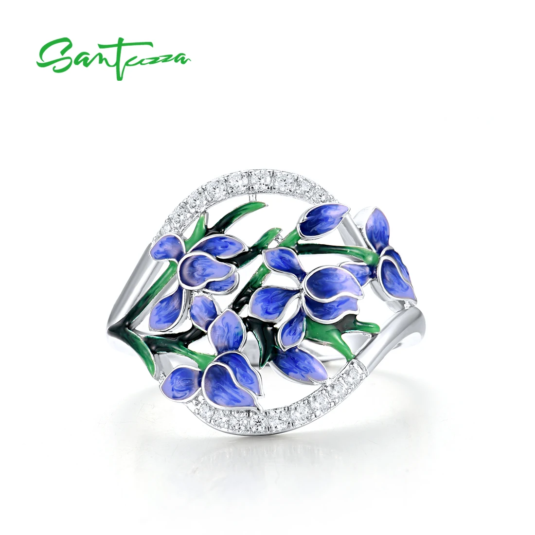 SANTUZZA Genuine 925 Sterling Silver Rings For Women White CZ Delicate Blue Orchid Flower Enamel Trendy Gift Fine Jewelry