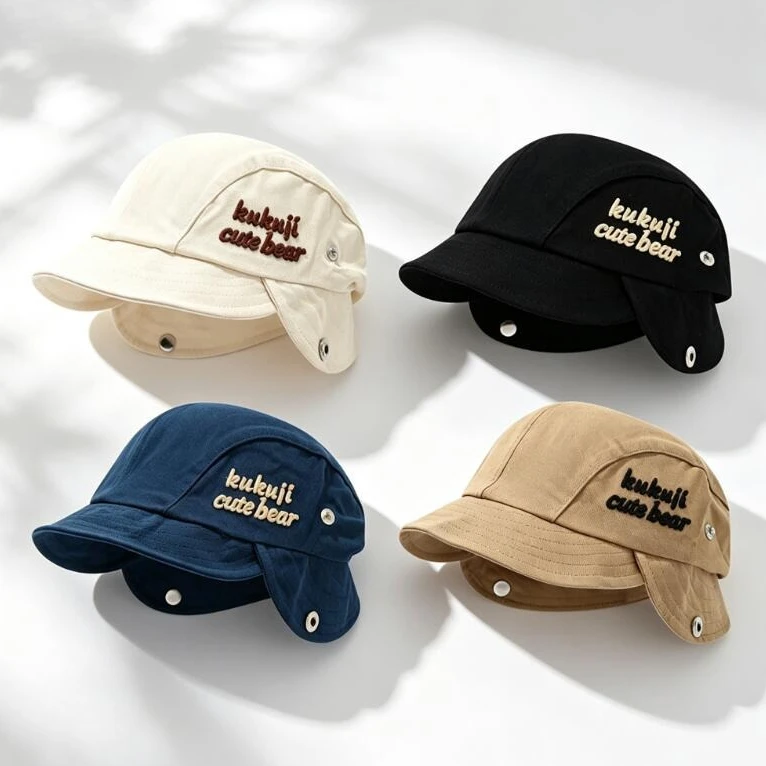 Bonnet Bébé Automne 2026 avec Cache-Oreilles, Mignon Pompon, Broderie Lettre Couleur Unie, pour Enfants Garçons Filles, Protection des Oreilles