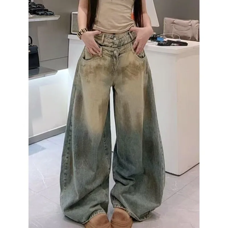 Women Retro Gradient Dirty Mud Wash Oversized Baggy Wide Leg Jeans Y2K Distressed Denim
