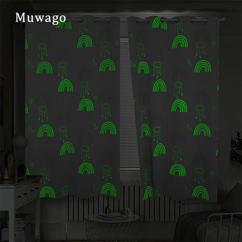 2 PCS Muwago Luminous Rainbow Printing Curtain Thick Thermal Insulated Blackout Noise Reduction Curtain Popular Bedroom Decor